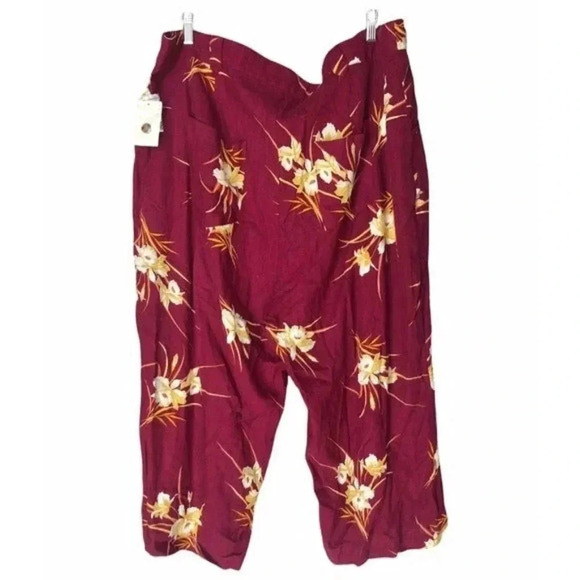 Modcloth Burgundy Red Floral Cropped Linen Flare Leg Pants 22 - Picture 3 of 6